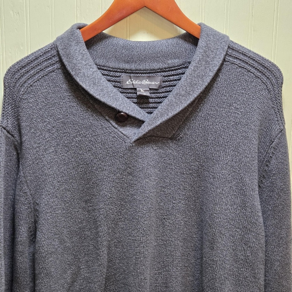 Eddie Bauer Sweater Mens XL Gray Shawl Collar Button‎ 100% Cotton Pullover Knit